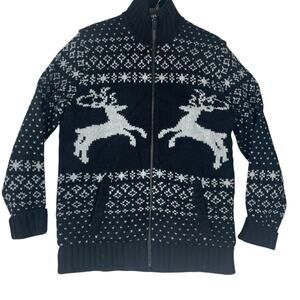 Black Brown mens small lambs wool knit reindeer sweater zip polo white new